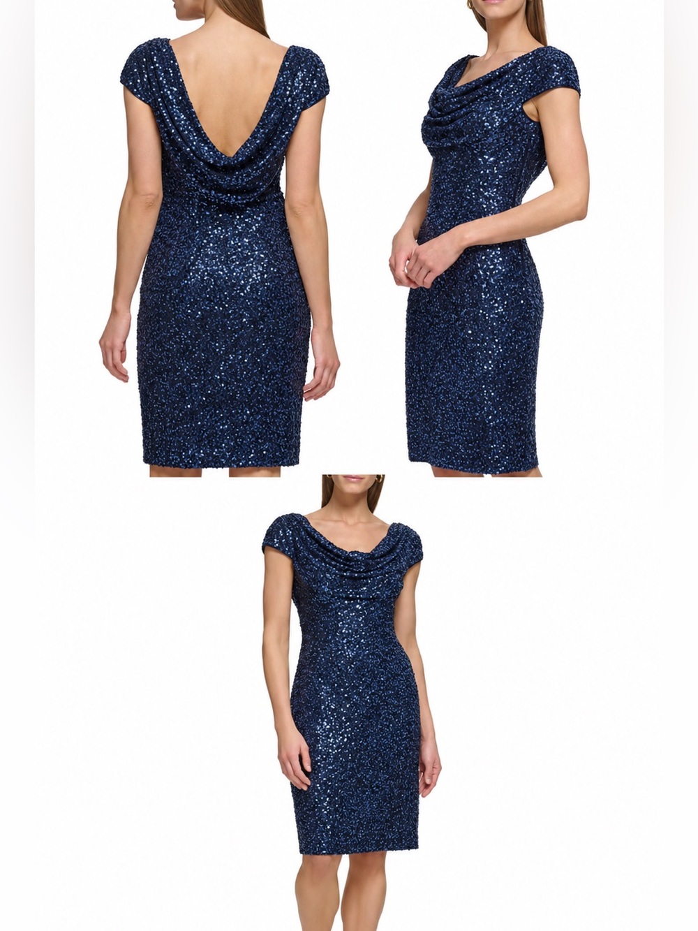 Eliza J Sequined Cap Sleeve Navy Cowl Neck Drape Back Sheath Dress 4 Glam
